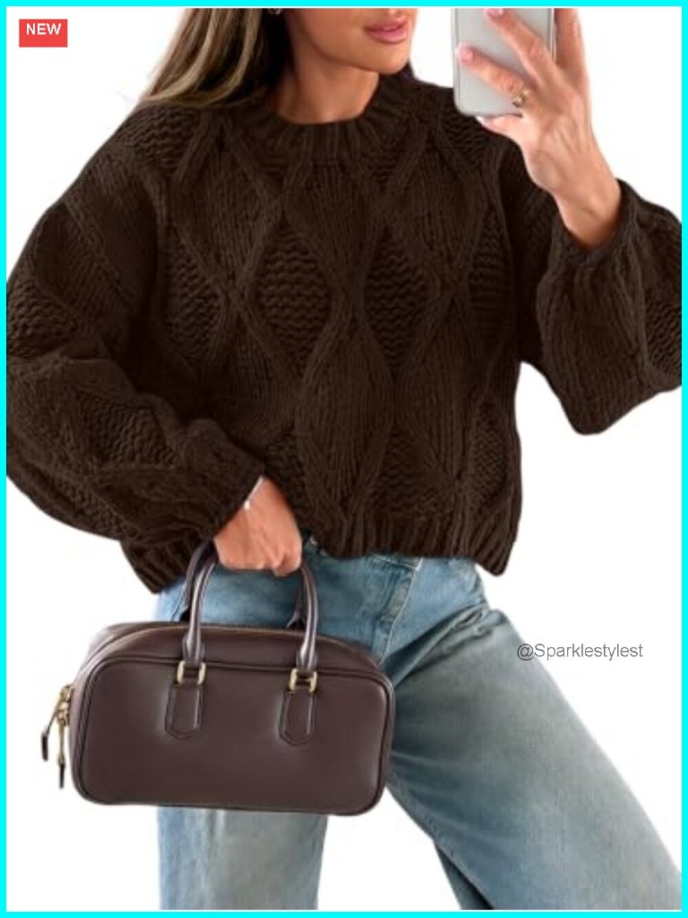 Cropped Cable Knit Sweater Oversized Long Sleeve Pullover